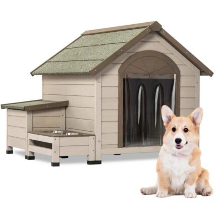 Outdoor Wood House , Small/Medium Dogs, Storage Box , Feeding Station 2 Bowls